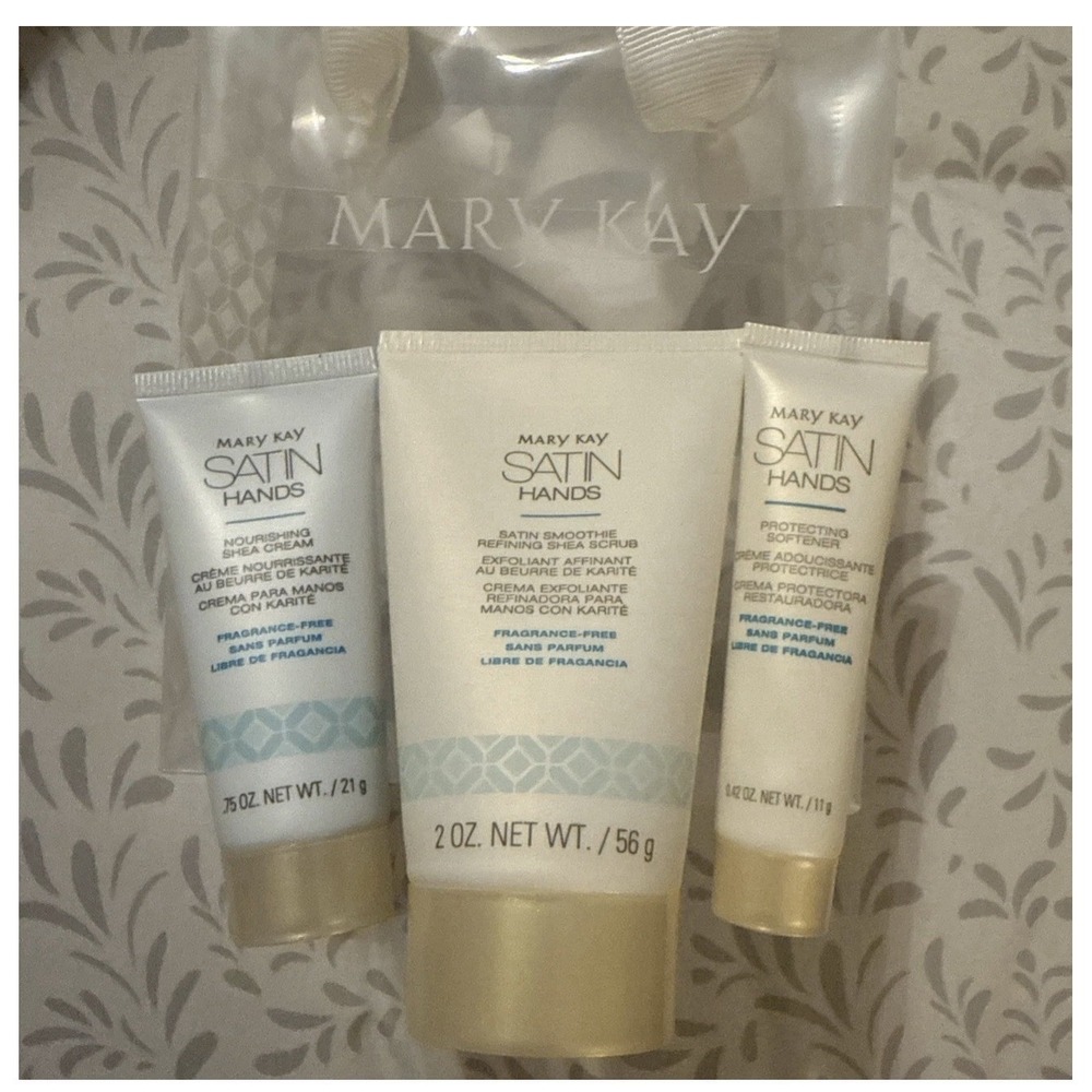 Mary Kay Satin Hands Fragrance-Free Pampering Set Shea Scrub Cream Softener Bag